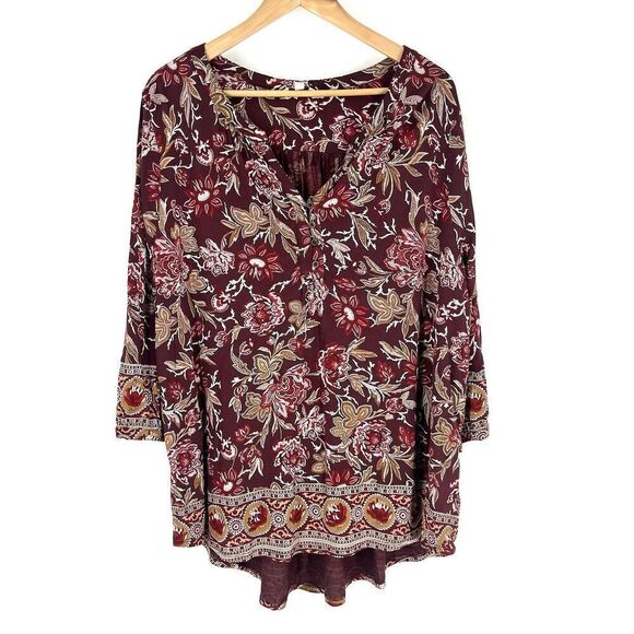 Lucky Brand Top Size 2X Womens Red Floral Print Blouse Boho V Neck Border Shirt - Picture 1 of 8